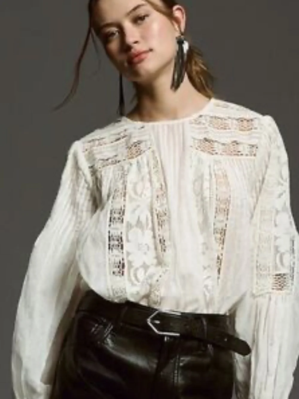 Forever That Girl Long Sleeve Lace Peasant Blouse By Anthopologie - Ivory NWOT
